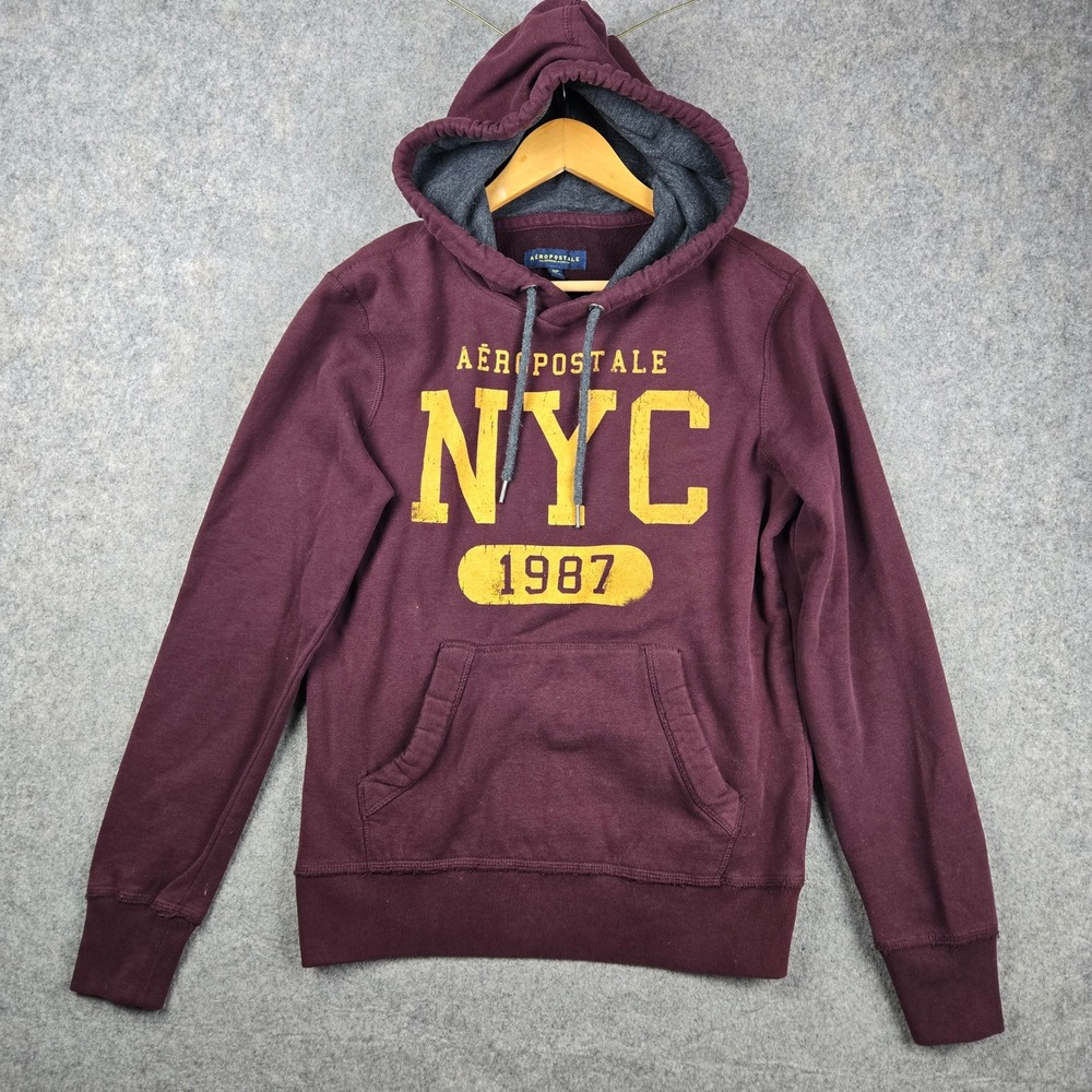 Aeropostale Hoodie Mens Small Burgundy NYC 1987 Graphic Pullover Sweatshirt